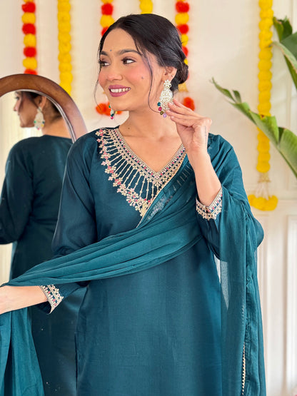 Elegant Teal Rayon Kurta Set with Dupatta & Embroidery