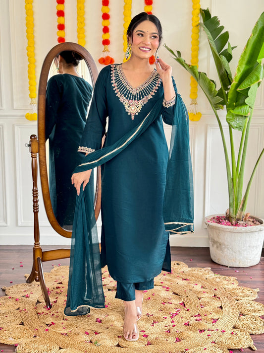 Elegant Teal Rayon Kurta Set with Dupatta & Embroidery
