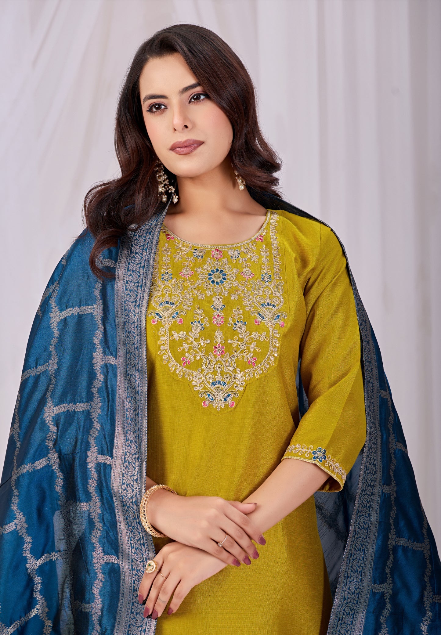 Elegant Mustard Yellow Rayon Kurta Set with Blue Banarasi Silk Dupatta – 3-Piece Festive Wear