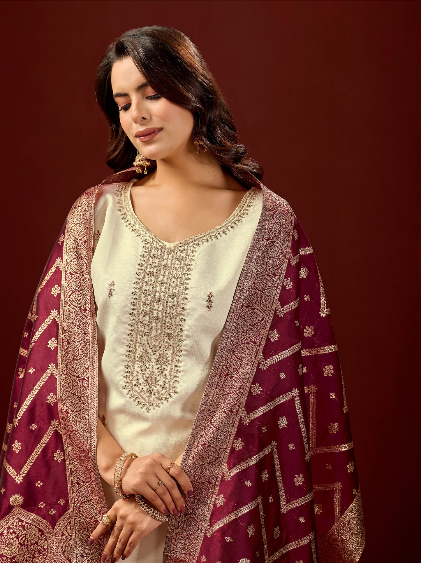 Traditional Embroidered Cream Kurta Set with Pants & Rich Jacquard Dupatta