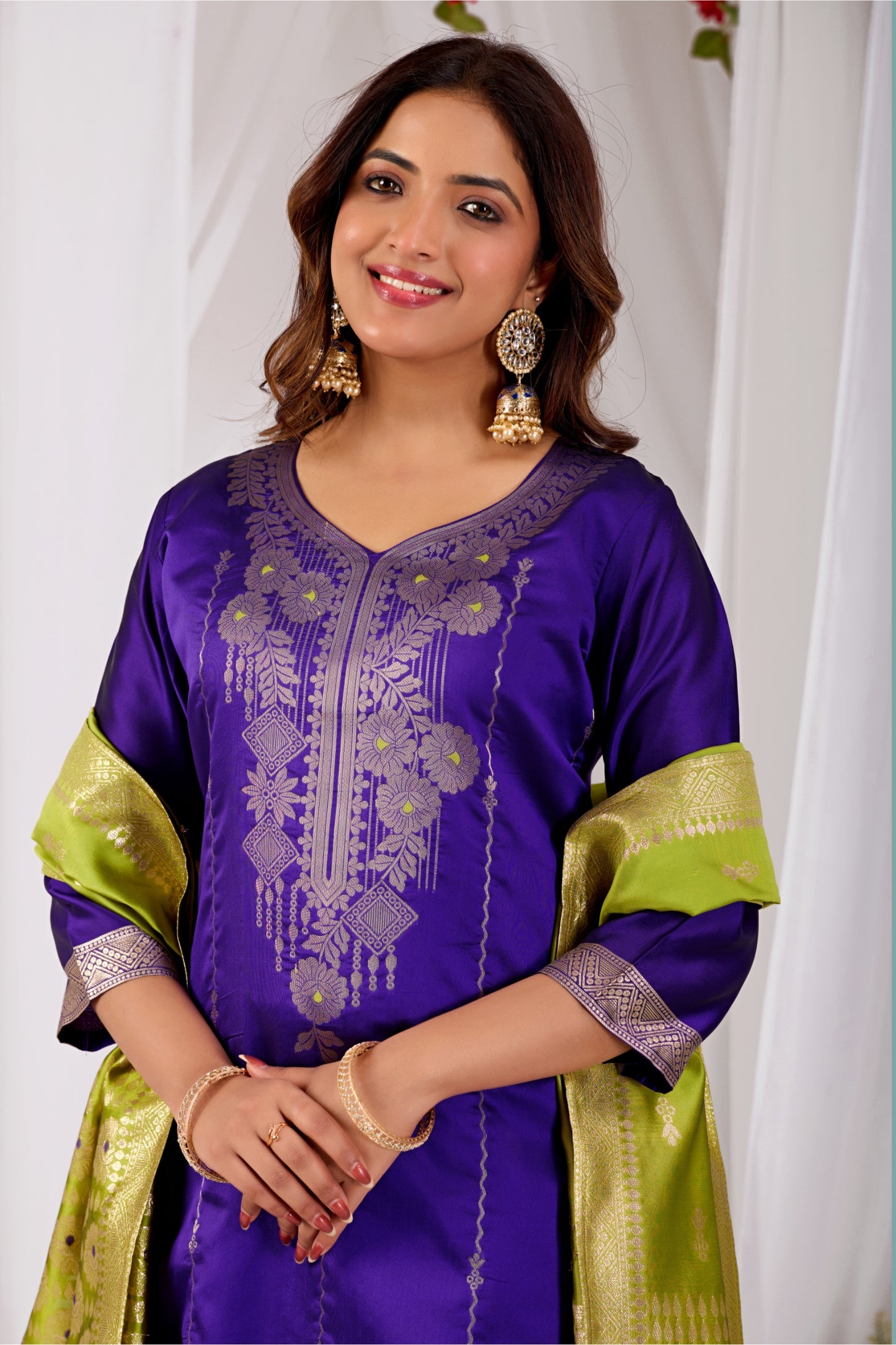 Elegant Purple Silk Kurta Set with Zari Jacquard & Yellow Dupatta | Festive Wear for Women
