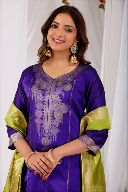 Elegant Purple Silk Kurta Set with Zari Jacquard & Yellow Dupatta | Festive Wear for Women