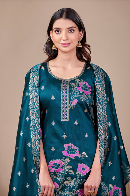 Floral Rama Jacquard Kurta Set for Women with Pant & Dupatta | Party Wear Ethnic Suit