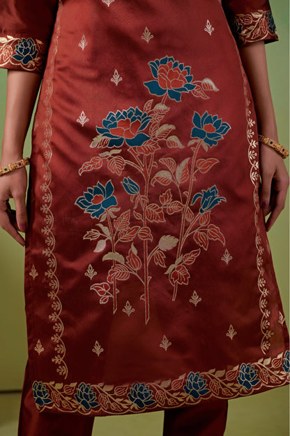 Floral Rust Jacquard Kurta Set for Women with Pant & Dupatta | Party Wear Ethnic Suit