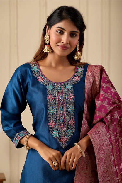 Women's Navy Blue Silk Blend Embroidered Kurta Sharara & Jacquard Dupatta Set | Designer Ethnic Suit Set | Festive, Wedding & Party Wear | 3-Piece Set