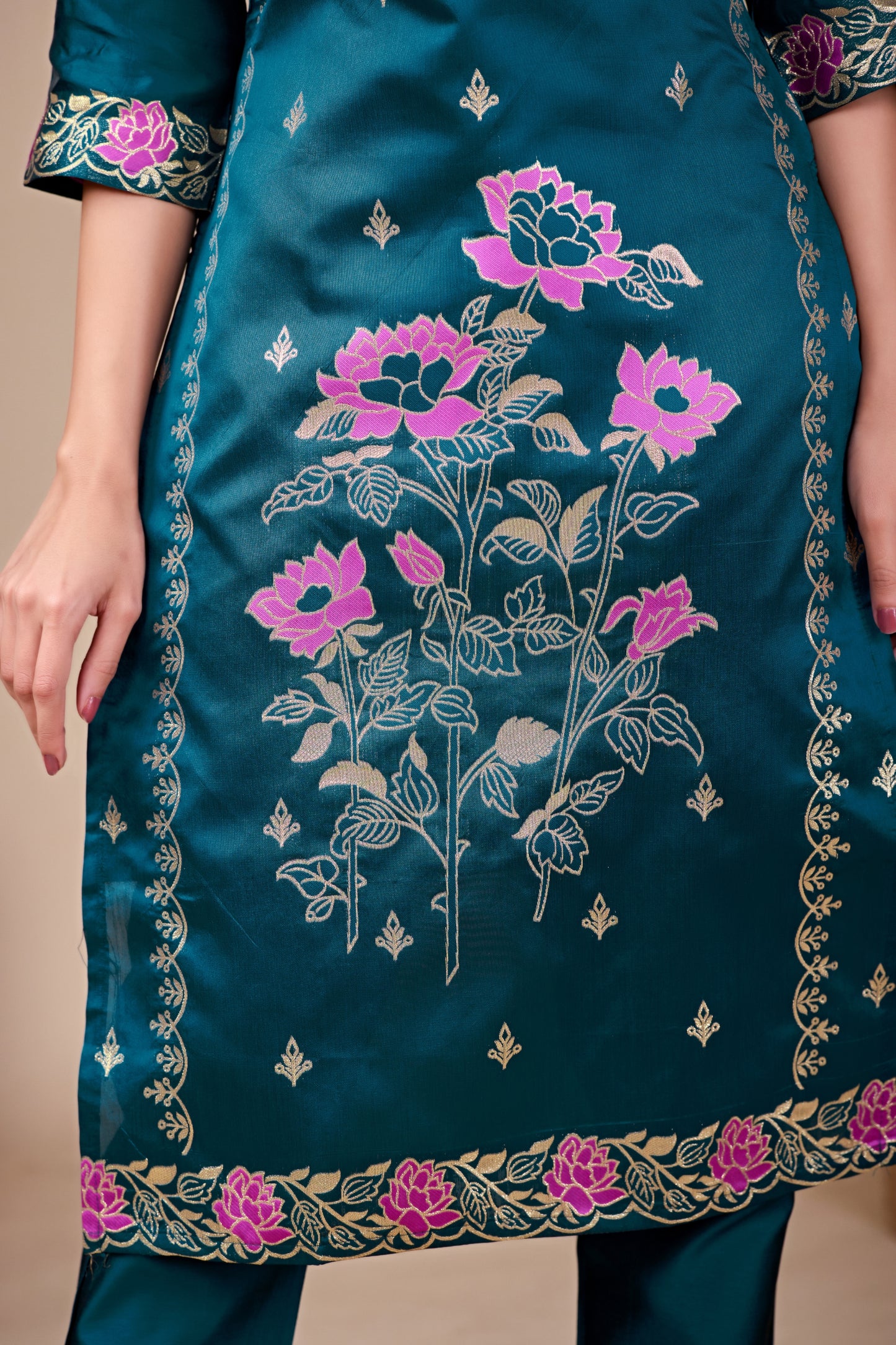 Floral Rama Jacquard Kurta Set for Women with Pant & Dupatta | Party Wear Ethnic Suit