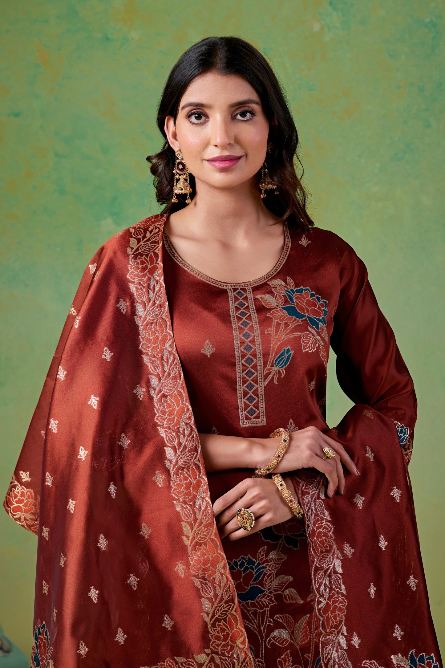 Floral Rust Jacquard Kurta Set for Women with Pant & Dupatta | Party Wear Ethnic Suit