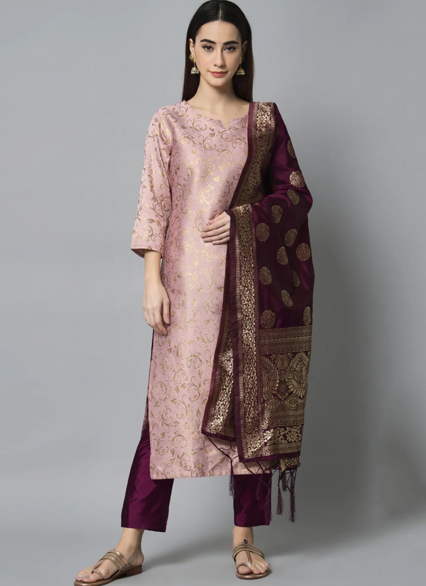Designer Pink Kurta Set with Wine Woven Dupatta – Ethnic Party Wear for Women