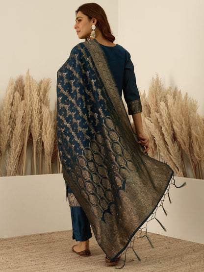 Women’s Teal Blue Embroidered Kurta Pant Set with Jacquard Dupatta