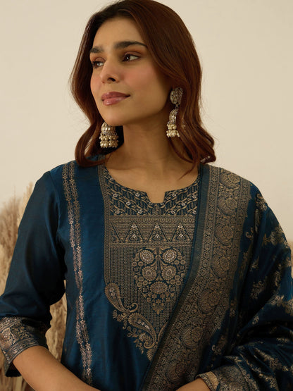 Women’s Teal Blue Embroidered Kurta Pant Set with Jacquard Dupatta