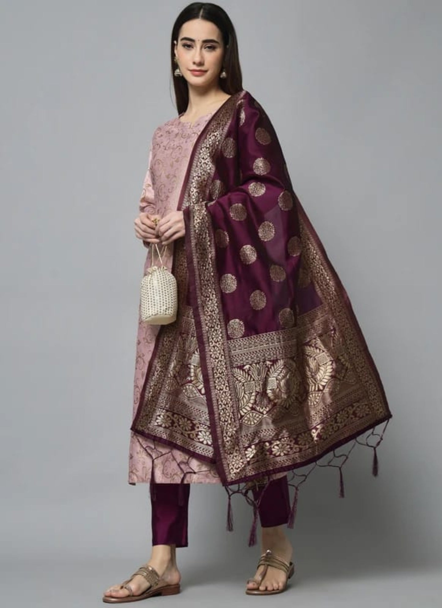 Designer Pink Kurta Set with Wine Woven Dupatta – Ethnic Party Wear for Women