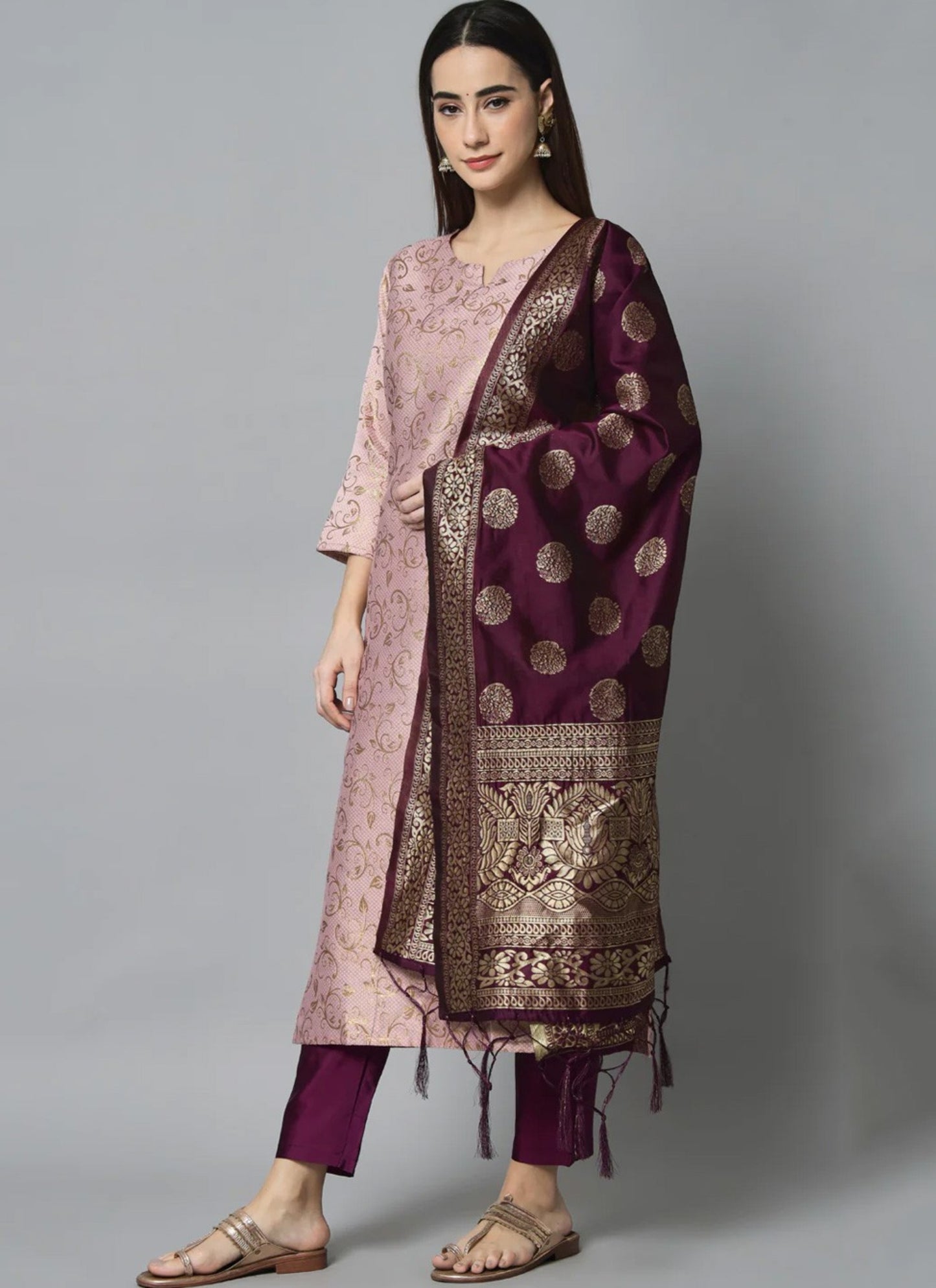 Designer Pink Kurta Set with Wine Woven Dupatta – Ethnic Party Wear for Women