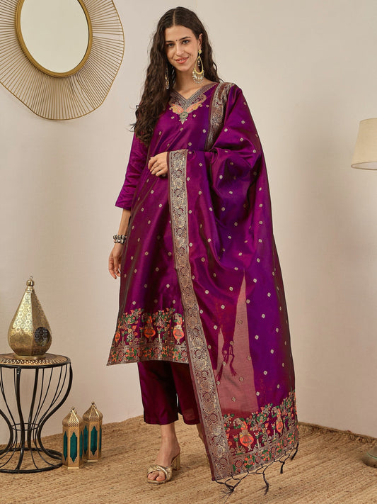 Wine Banarasi Silk Jacquard Kurta Set with Dupatta