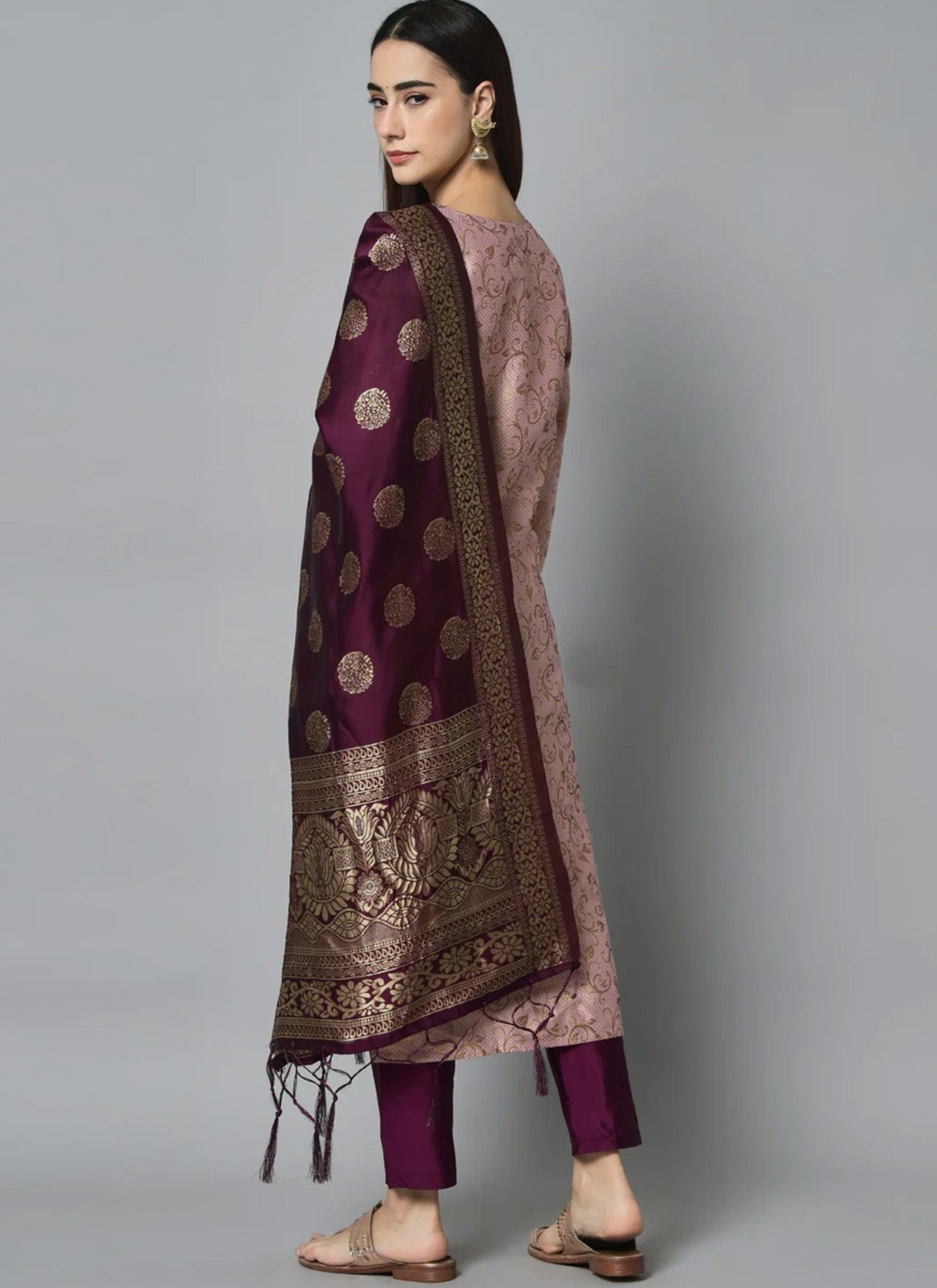 Designer Pink Kurta Set with Wine Woven Dupatta – Ethnic Party Wear for Women