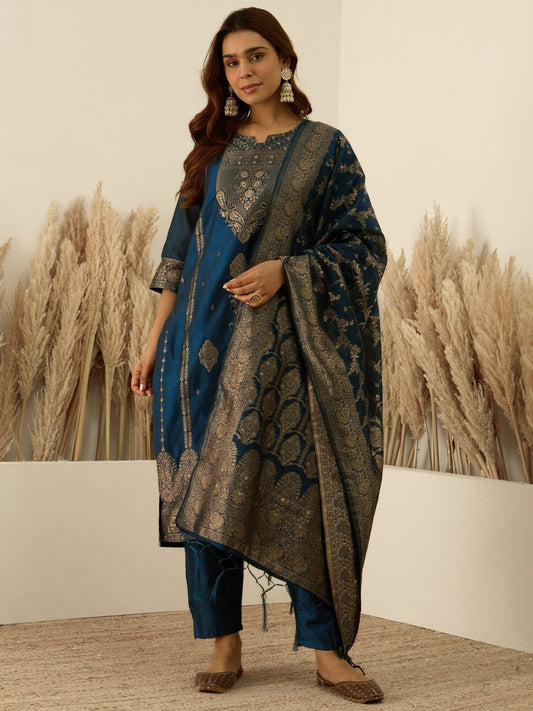 Women’s Teal Blue Embroidered Kurta Pant Set with Jacquard Dupatta
