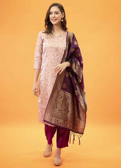 Festive Wear Women’s Pink Ethnic Kurta Pant Set with Rich Jacquard Dupatta