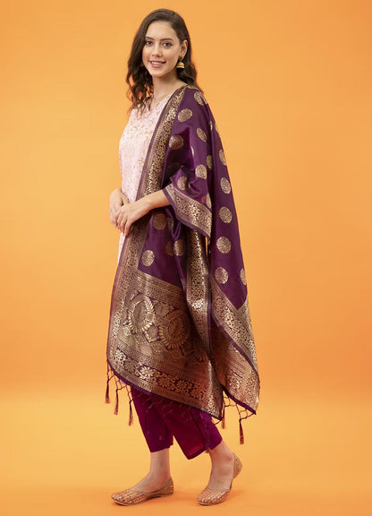 Festive Wear Women’s Pink Ethnic Kurta Pant Set with Rich Jacquard Dupatta