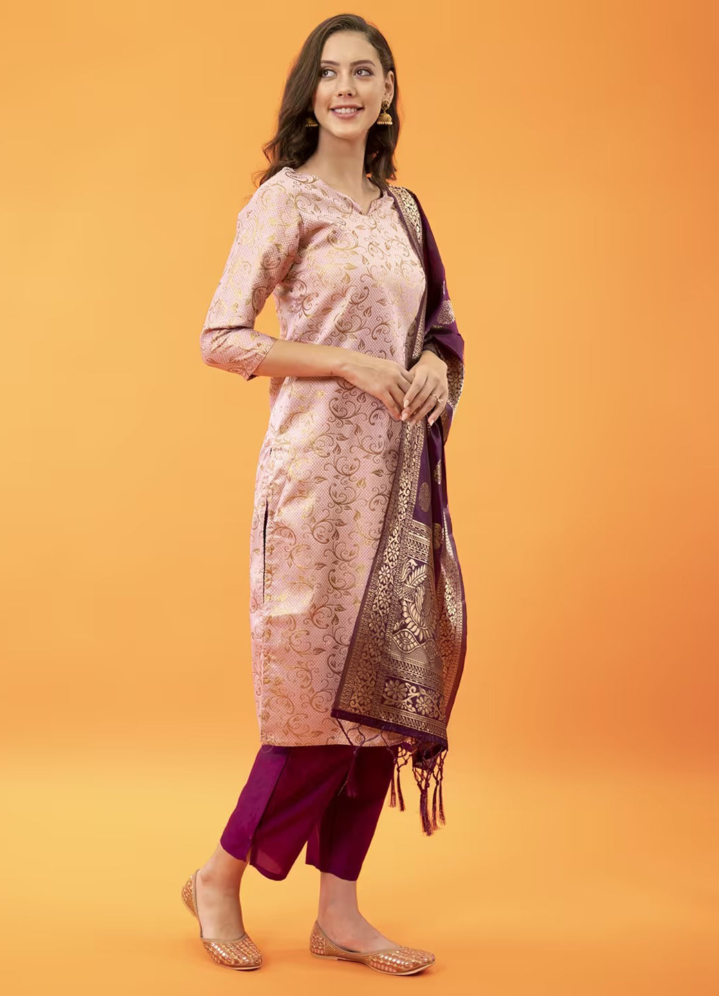 Festive Wear Women’s Pink Ethnic Kurta Pant Set with Rich Jacquard Dupatta