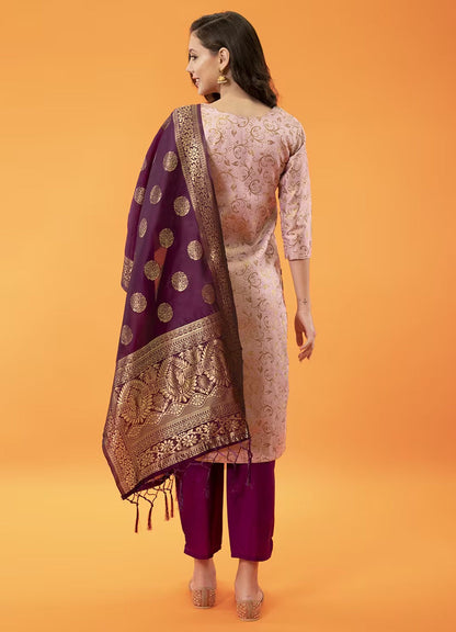 Festive Wear Women’s Pink Ethnic Kurta Pant Set with Rich Jacquard Dupatta