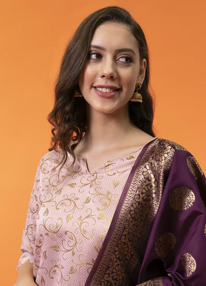 Festive Wear Women’s Pink Ethnic Kurta Pant Set with Rich Jacquard Dupatta