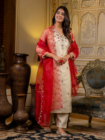 Elegant Beige Straight Kurta Set with Floral Embroidery & Contrast Dupatta