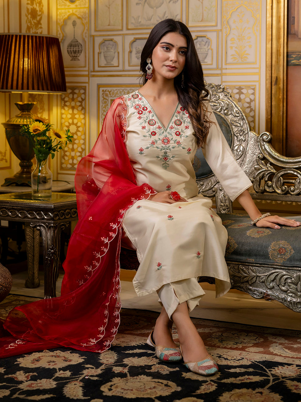 Elegant Beige Straight Kurta Set with Floral Embroidery & Contrast Dupatta