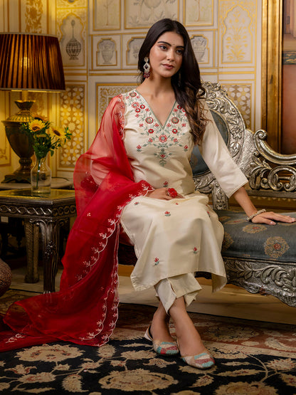 Elegant Beige Straight Kurta Set with Floral Embroidery & Contrast Dupatta