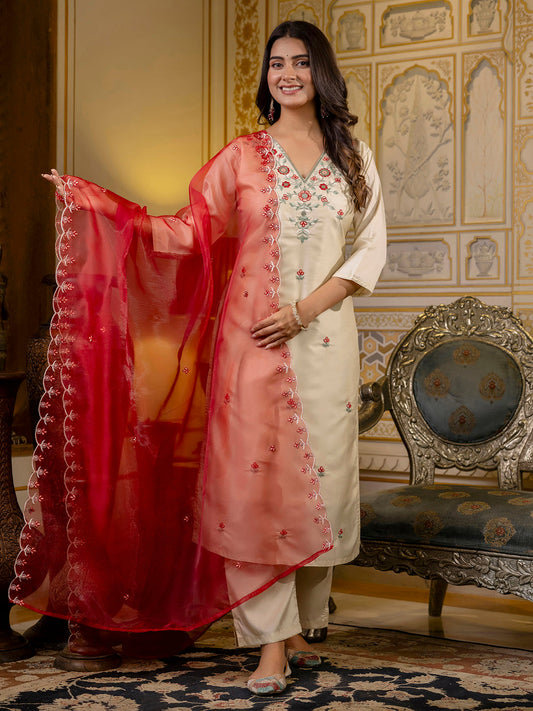 Elegant Beige Straight Kurta Set with Floral Embroidery & Contrast Dupatta