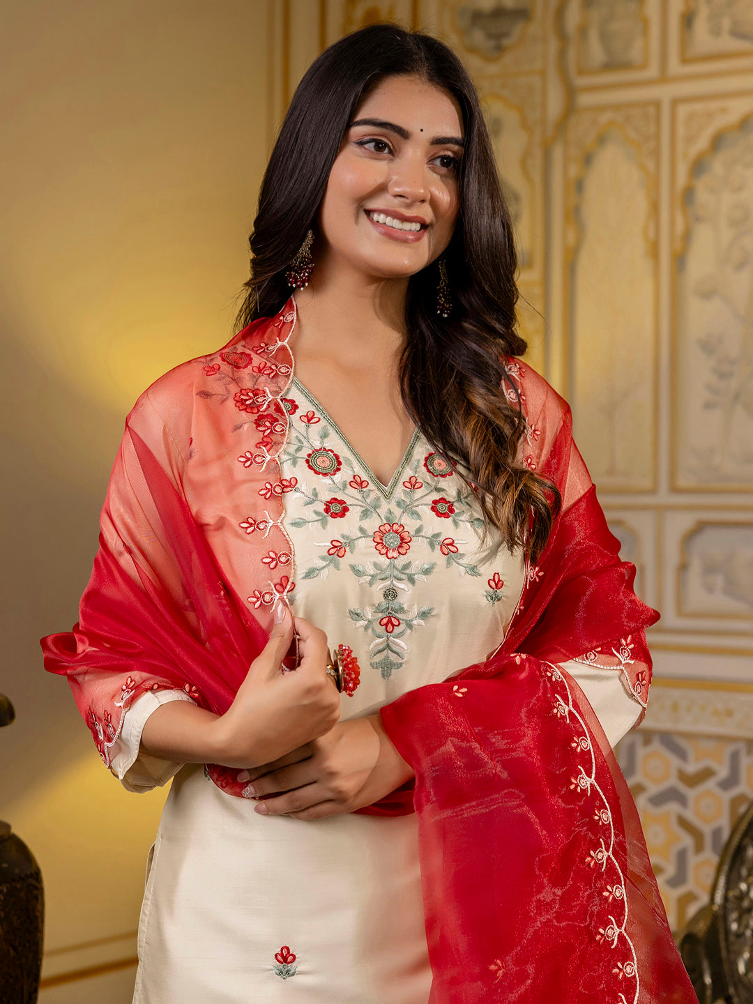 Elegant Beige Straight Kurta Set with Floral Embroidery & Contrast Dupatta