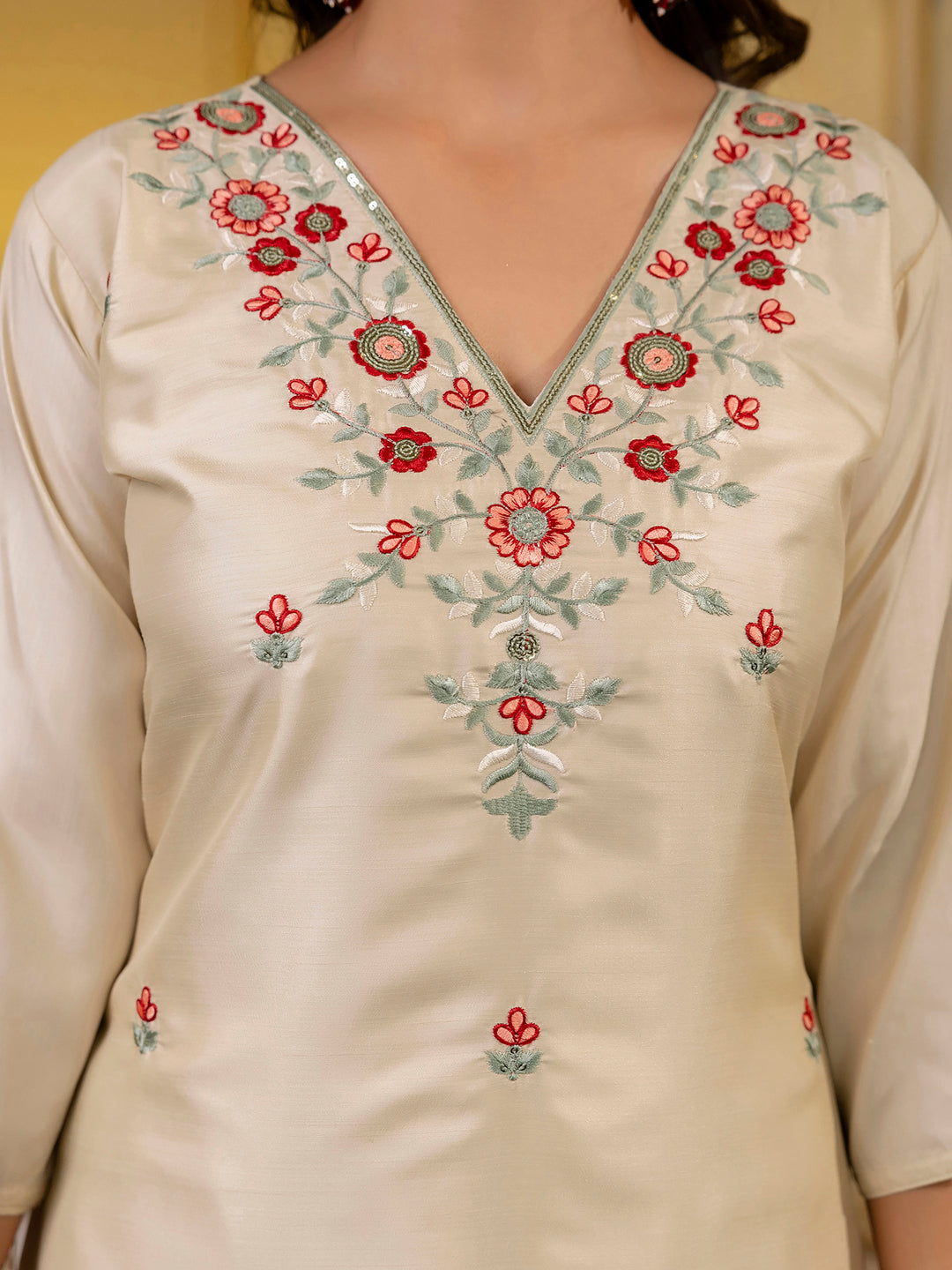 Elegant Beige Straight Kurta Set with Floral Embroidery & Contrast Dupatta