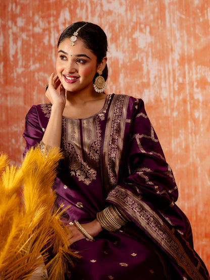 Wine Banarasi Silk Jacquard Kurta Set with Dupatta