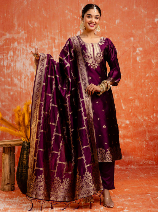 Wine Banarasi Silk Jacquard Kurta Set with Dupatta