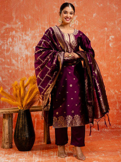 Wine Banarasi Silk Jacquard Kurta Set with Dupatta