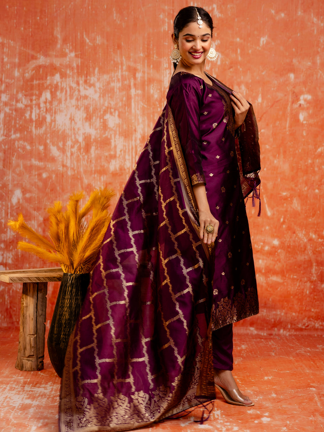 Wine Banarasi Silk Jacquard Kurta Set with Dupatta