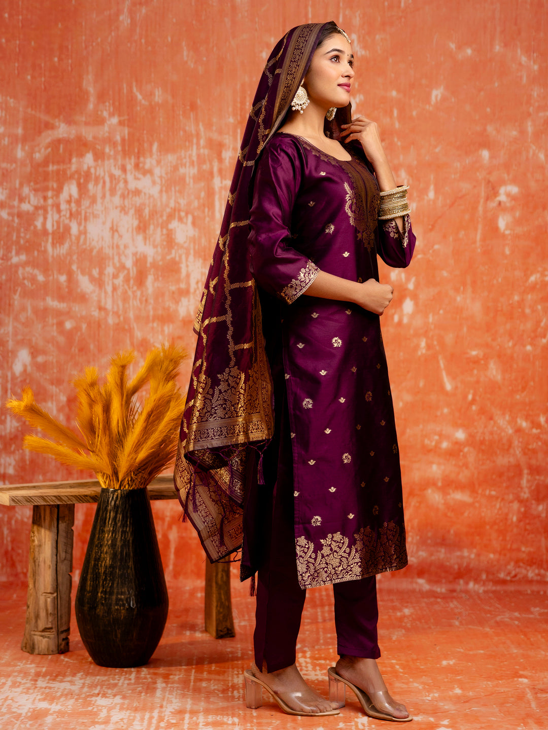 Wine Banarasi Silk Jacquard Kurta Set with Dupatta
