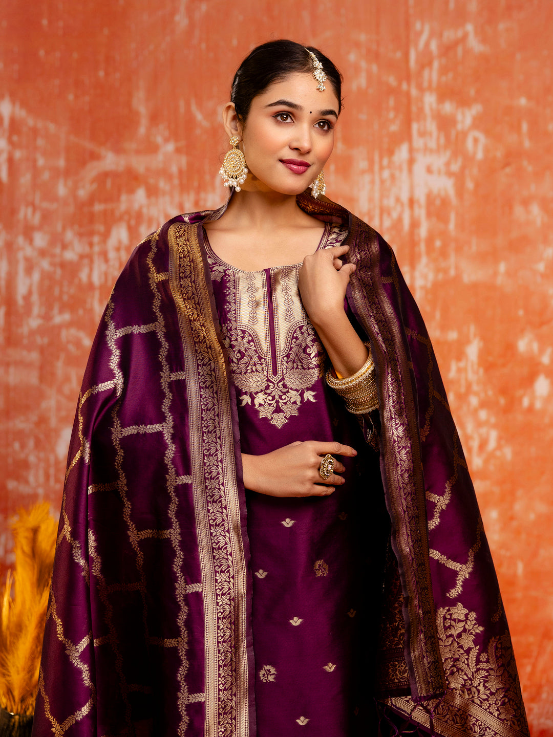 Wine Banarasi Silk Jacquard Kurta Set with Dupatta