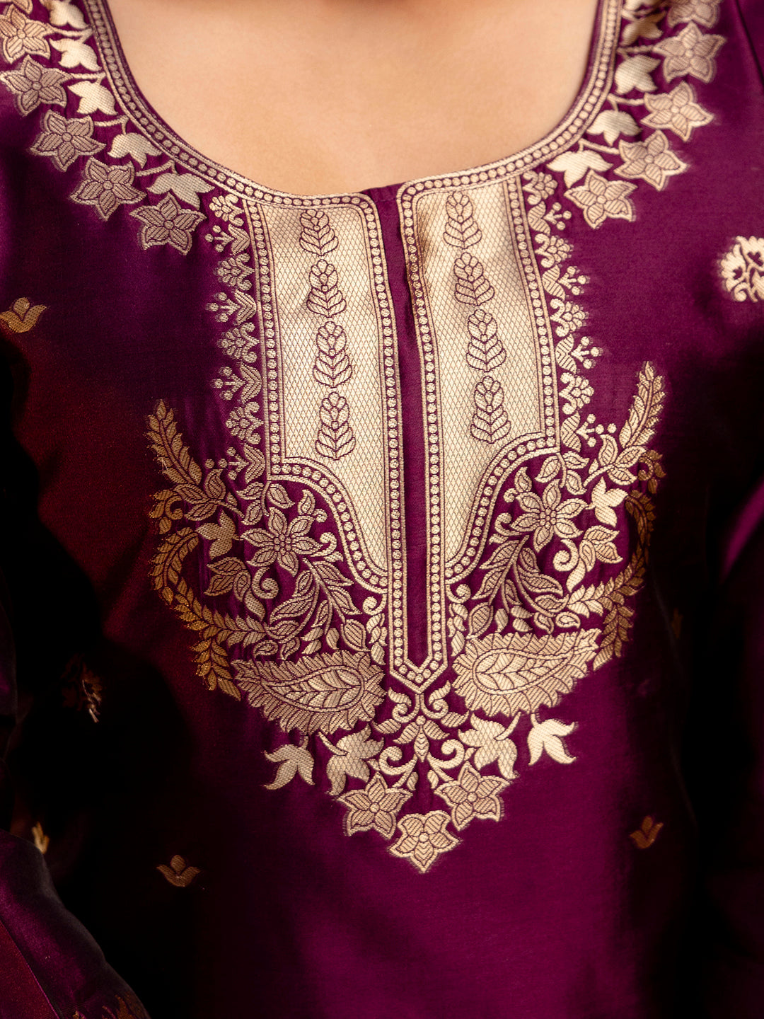 Wine Banarasi Silk Jacquard Kurta Set with Dupatta