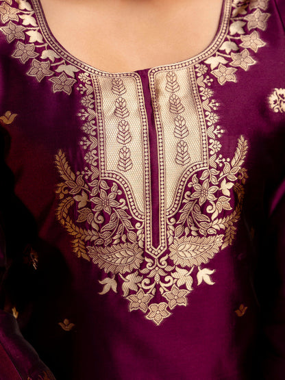 Wine Banarasi Silk Jacquard Kurta Set with Dupatta
