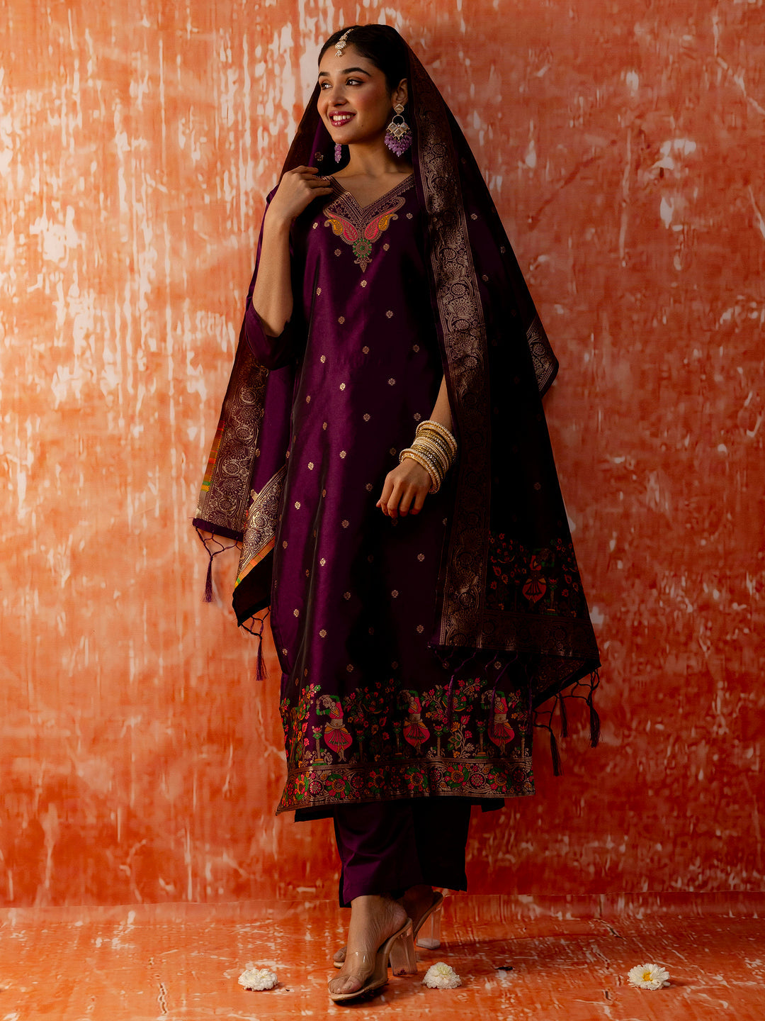 Wine Banarasi Silk Jacquard Kurta Set with Dupatta