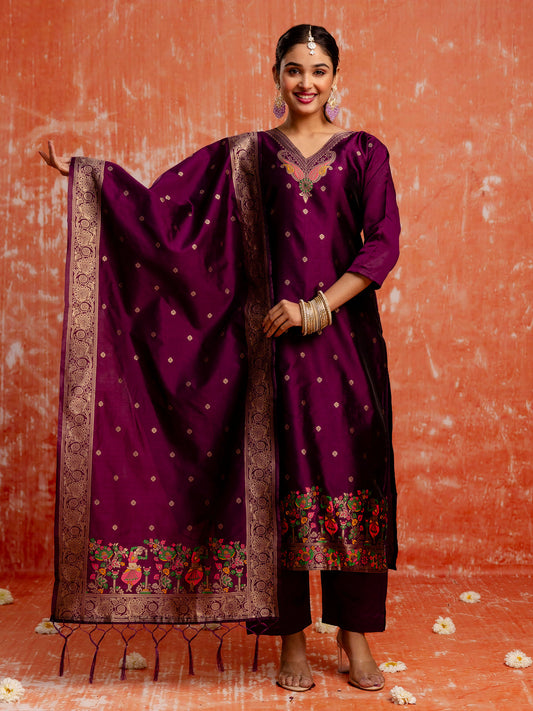 Wine Banarasi Silk Jacquard Kurta Set with Dupatta