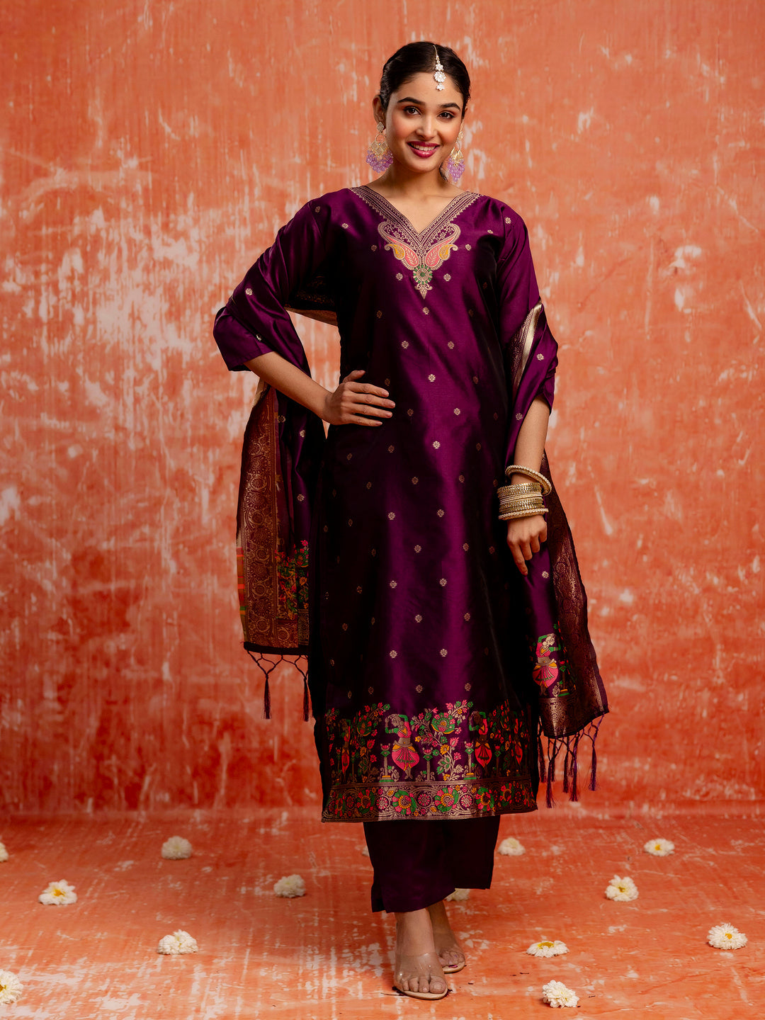 Wine Banarasi Silk Jacquard Kurta Set with Dupatta