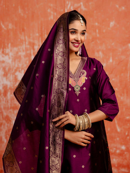 Wine Banarasi Silk Jacquard Kurta Set with Dupatta