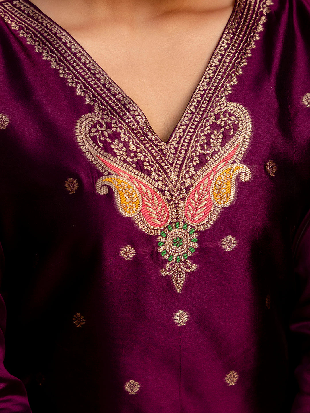 Wine Banarasi Silk Jacquard Kurta Set with Dupatta