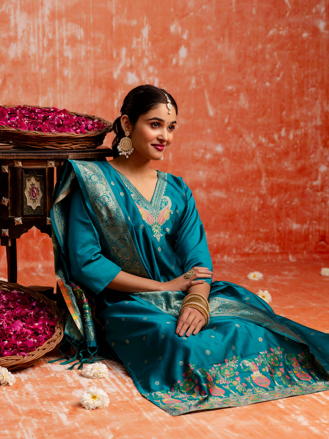 Stylish Teal Blue Ethnic Kurta Pant Set with Designer Dupatta for Women