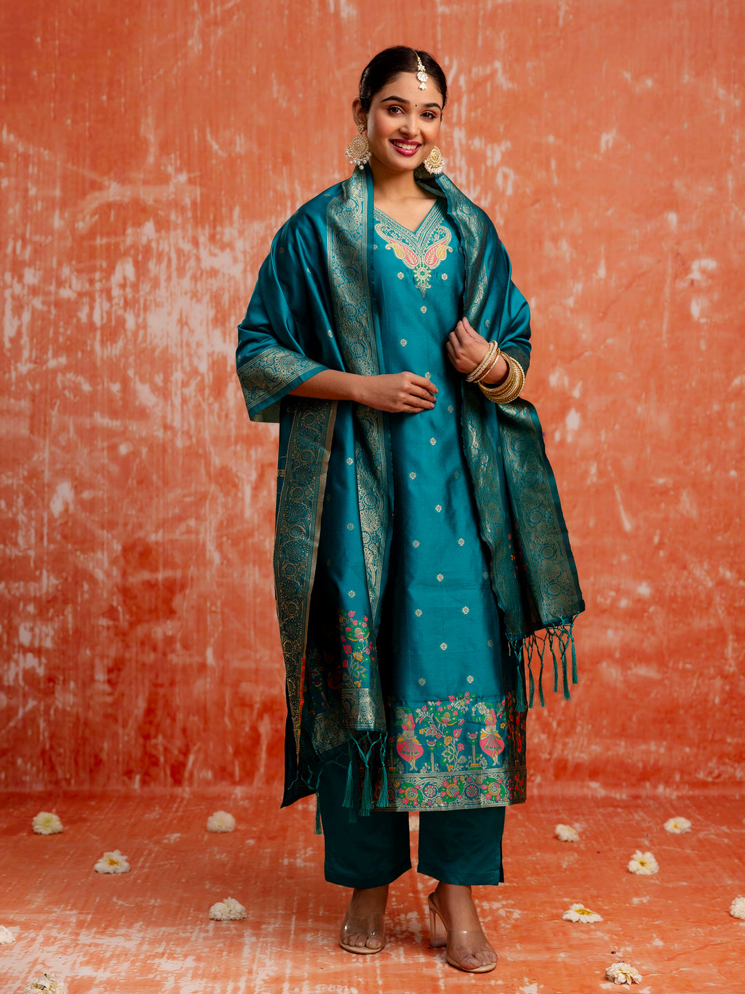 Stylish Teal Blue Ethnic Kurta Pant Set with Designer Dupatta for Women