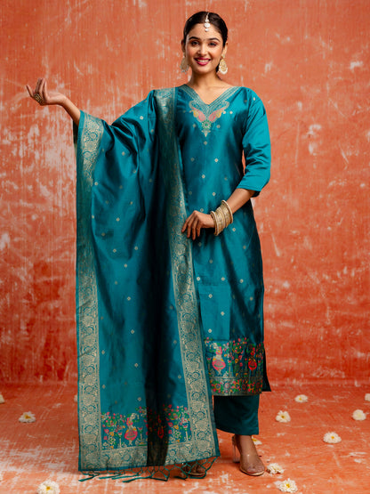 Stylish Teal Blue Ethnic Kurta Pant Set with Designer Dupatta for Women