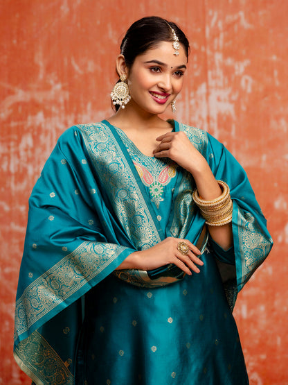 Stylish Teal Blue Ethnic Kurta Pant Set with Designer Dupatta for Women
