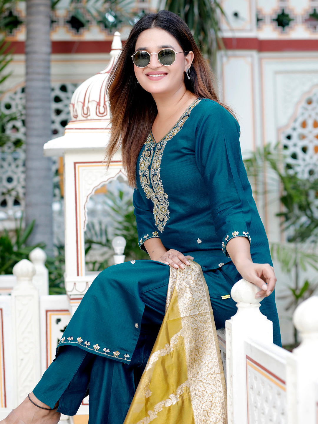 Stylish Teal Straight Kurta with Banarasi Dupatta