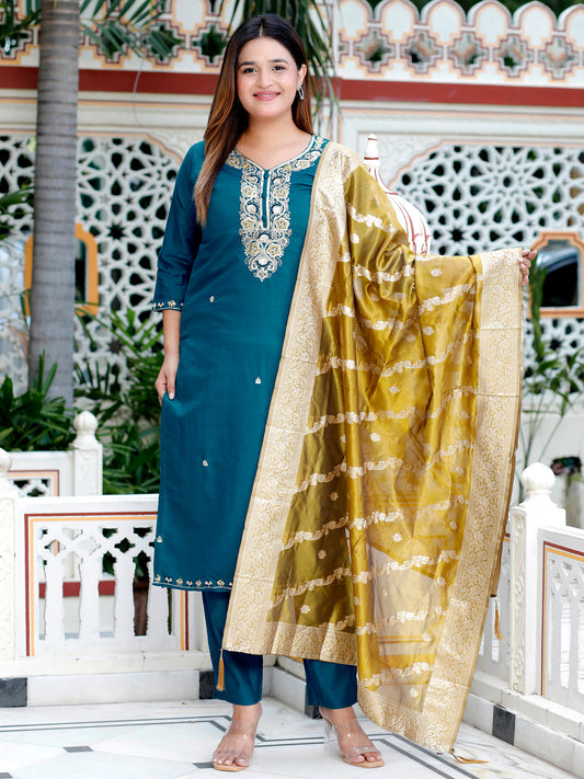 Stylish Teal Straight Kurta with Banarasi Dupatta