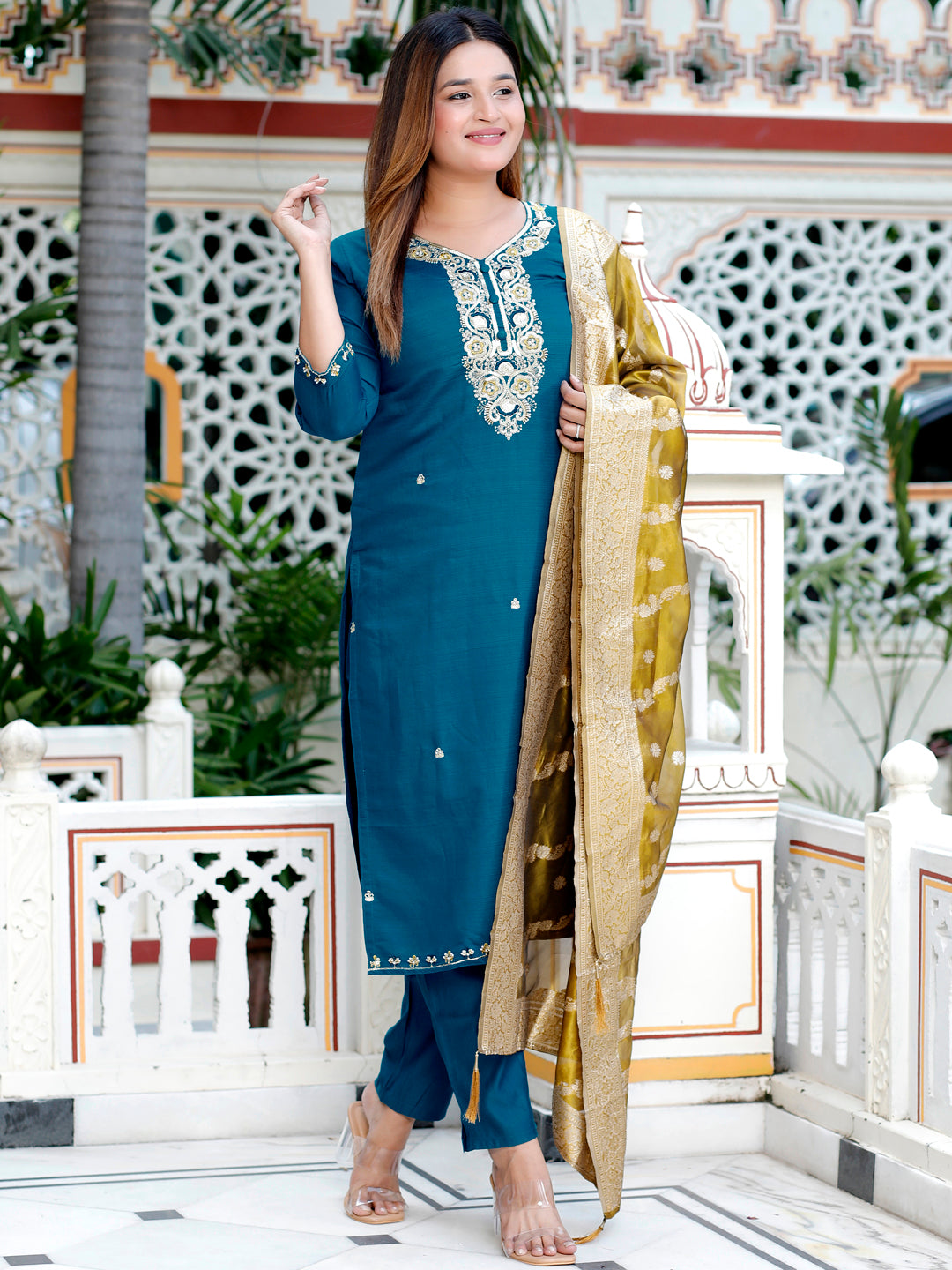Stylish Teal Straight Kurta with Banarasi Dupatta